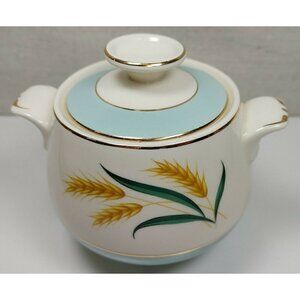 Vintage Blue Viking Wheat Gold Trim Ceramic Sugar Bowl Candle Holder With Lid